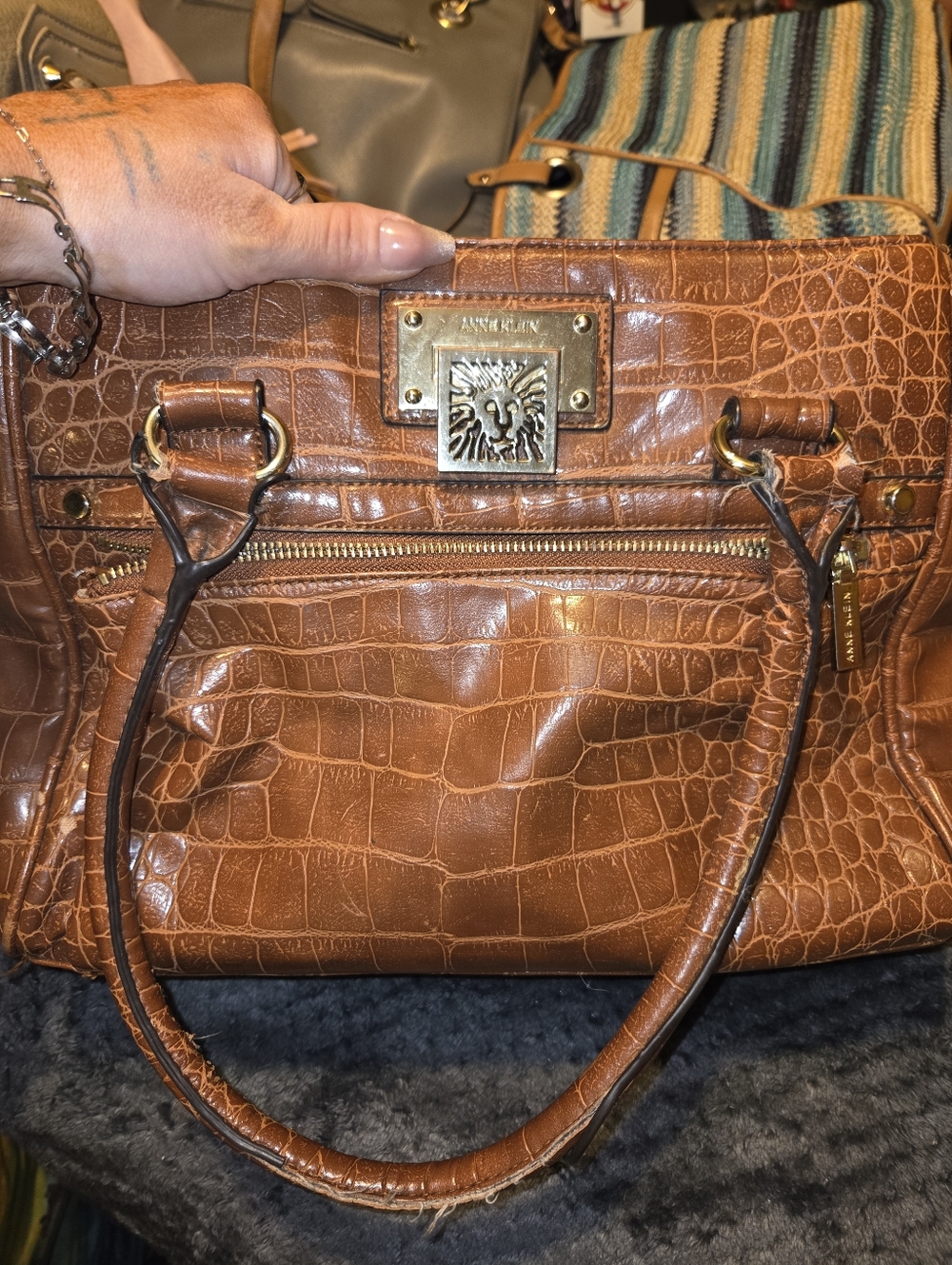 Anne Klein Cognac Croc-Embossed Leather Satchel with Gold Hardware